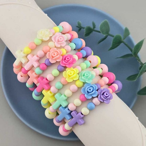 비즈팡 [DIY팔찌] 파스텔아크릴아동묵주팔찌 #아크릴파스텔멀티 #파스텔볼6mm #파스텔볼10mm #장미꽃13mm #묵주십자가